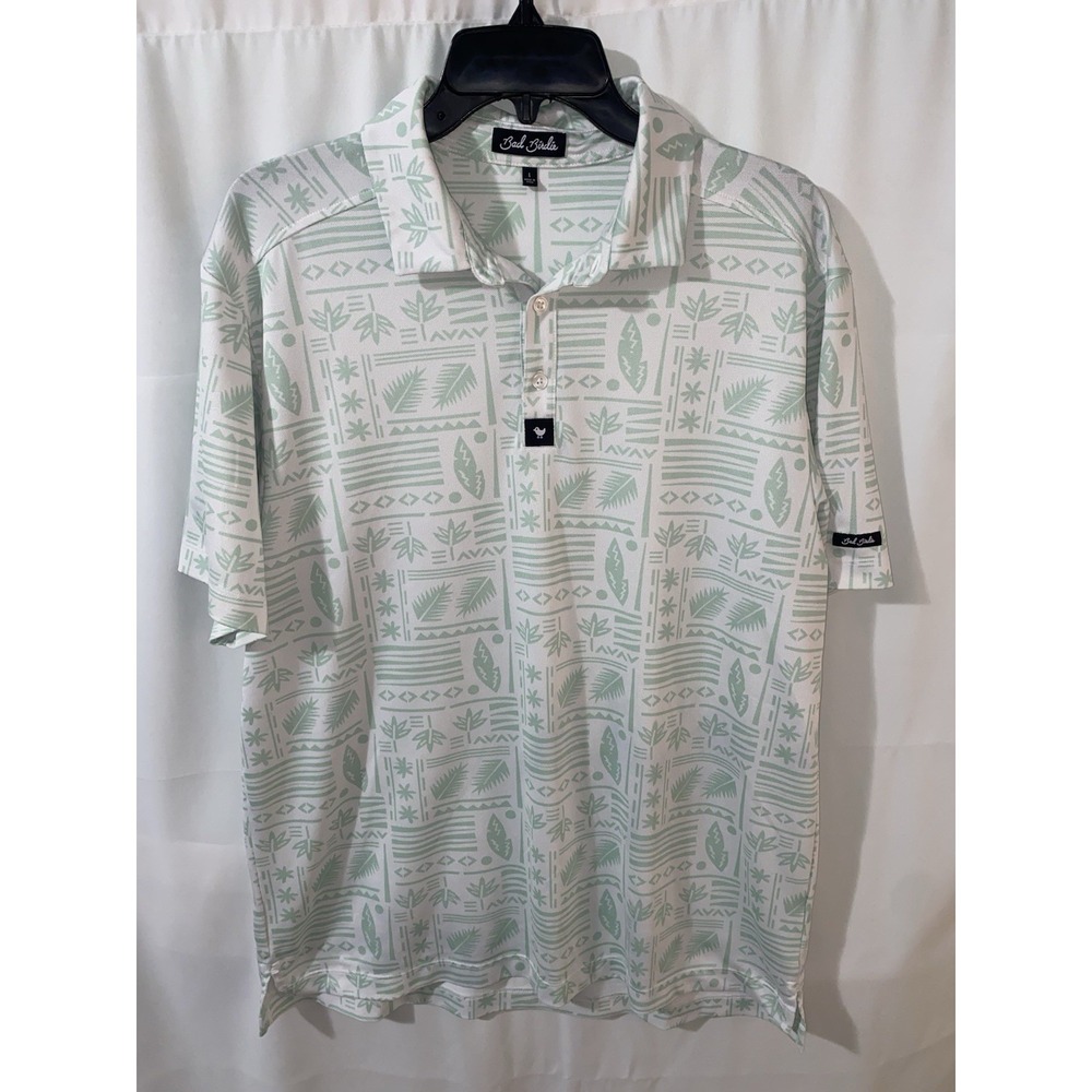 Bad Birdie The Fields Golf Polo Shirt Mens Large White Green Tropical Print